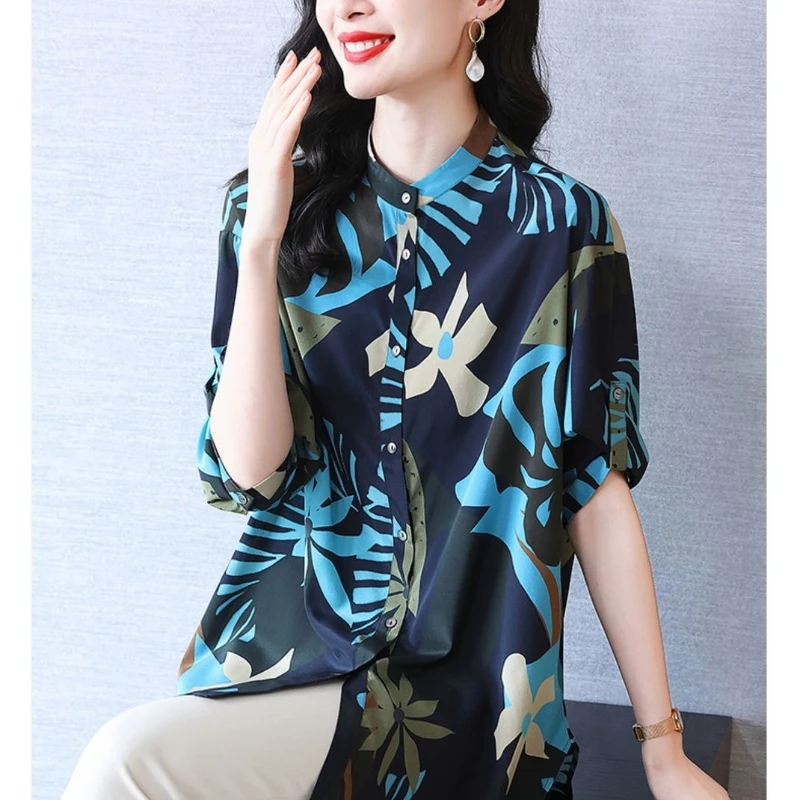 2024 Spring New Round Neck Medium Long Style Elegant Printed Mid Sleeved Shirt Women\'s Loose Large Beach Holiday Small Shirt Top