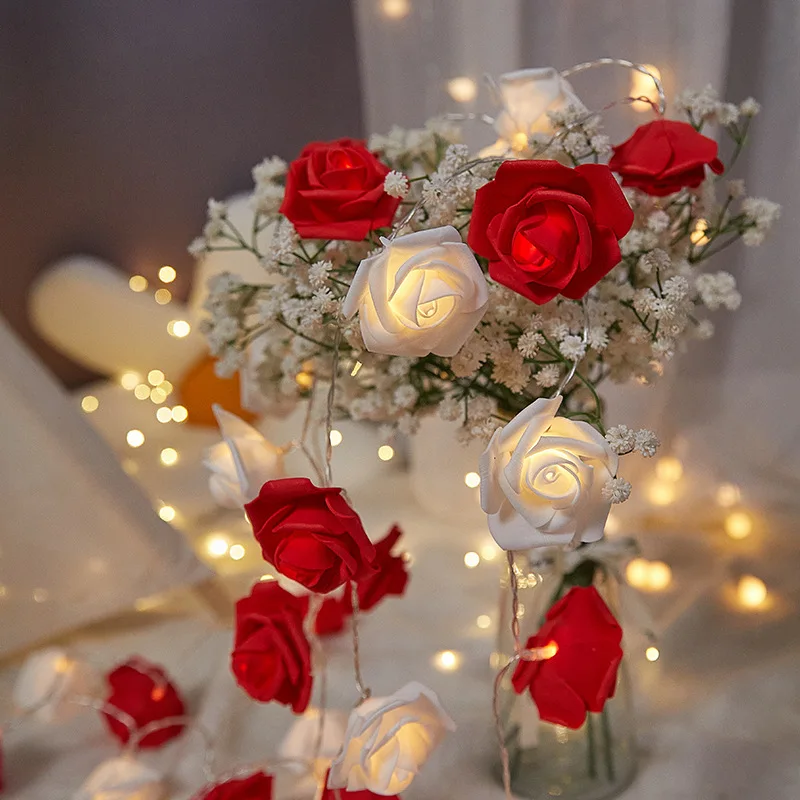 Rose String Lights for Home Decor, Fairy Light, Garden Decor, Valentine Day, DIY Wedding Supplies, Vermelho, Rosa, Branco, 1.5m, 10LEDs