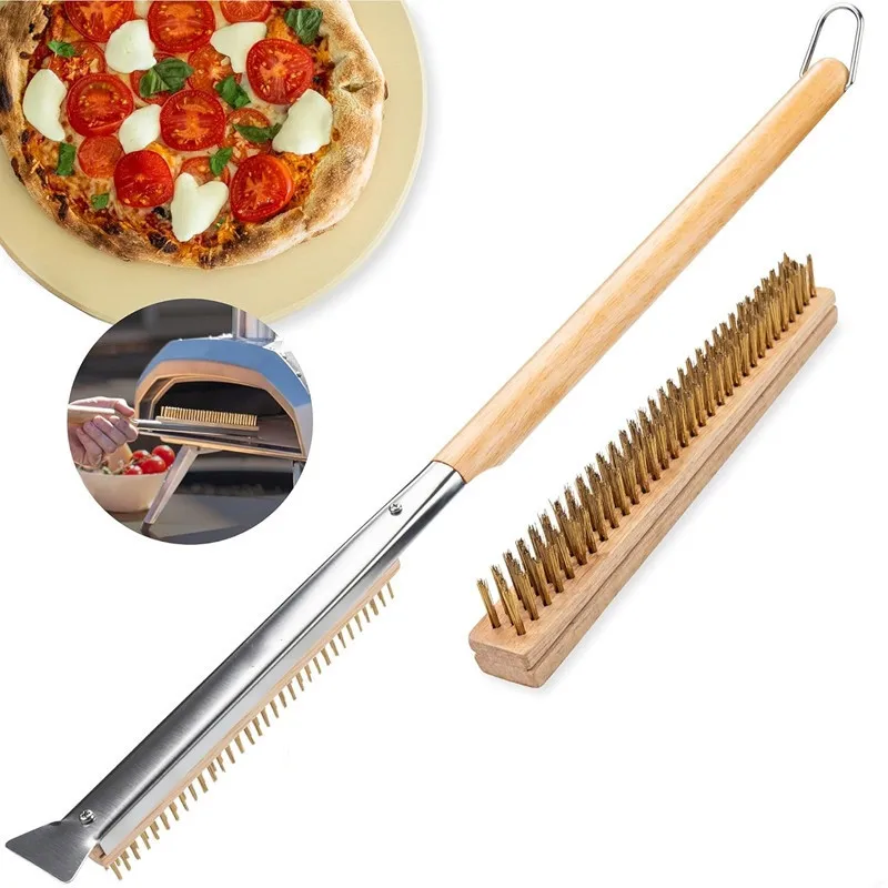 Brosse à pierre pour four à pizza avec raclette 21 pouces, pour nettoyer la pierre entre chaque cuisson, manche long en bois, robuste et facile à utiliser