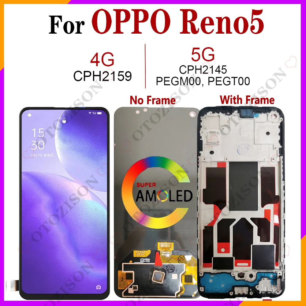 ЖК-дисплей для OPPO Reno5 с рамкой, дисплей для телефона CPH2145, 4G, CPH2159, ЖК-экран с сенсорным дигитайзером в сборе, запасные части Reno 5 PEGM00, PEGT00