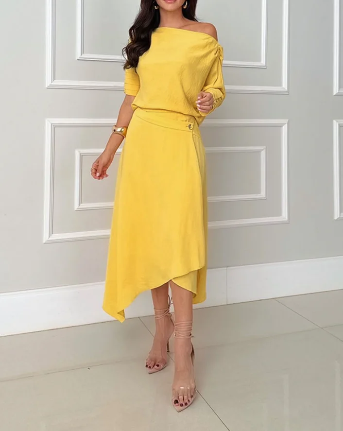 

Women's Sets Casual Skew Neck Button Decor Top & Asymmetrical Hem Swing Skirt Set Womens Fashion Plain Skirts 2 Piece Outfits