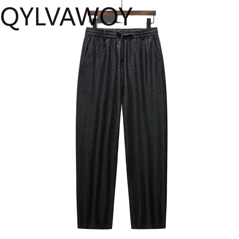 

QYLVAWOY 100% Natural Mulberry Silk Pants for Man High-end Mens Pants Thin Capri Trousers Crackle Pattern Casual Chinese Style