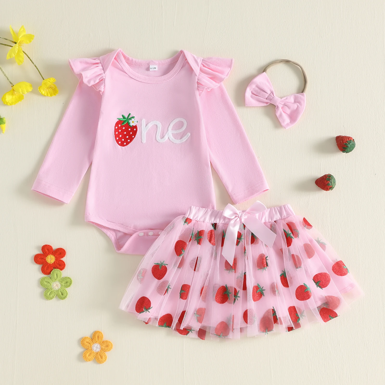 Baby Girl 1st Birthday Outfit Long Sleeve Romper Strawberry Mesh Skirt Headband Birthday Gifts