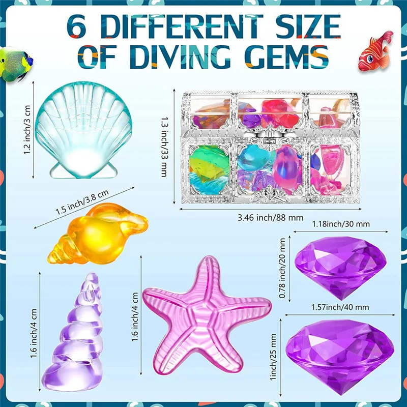 CYGJ-24Pcs Gemas de buceo para piscina, gemas grandes de océanos, gemas de diamante, Cofre del Tesoro pirata, natación subacuática de verano