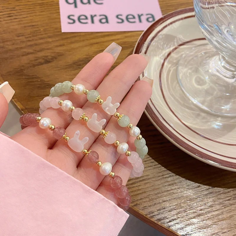 Cute Sea Shell Super Fairy Sweet Ins Mori Style 6mm Pink Crystal Rabbit Head Bracelet Female Fresh Flower Gray Jade Brace