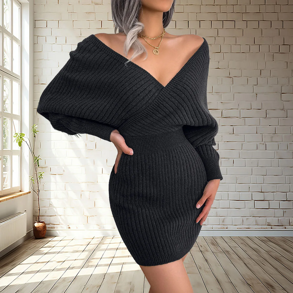 

Женское весеннее платье, сексуальное трикотажное шерстяное платье с v-образным вырезом и рукавами «летучая мышь»