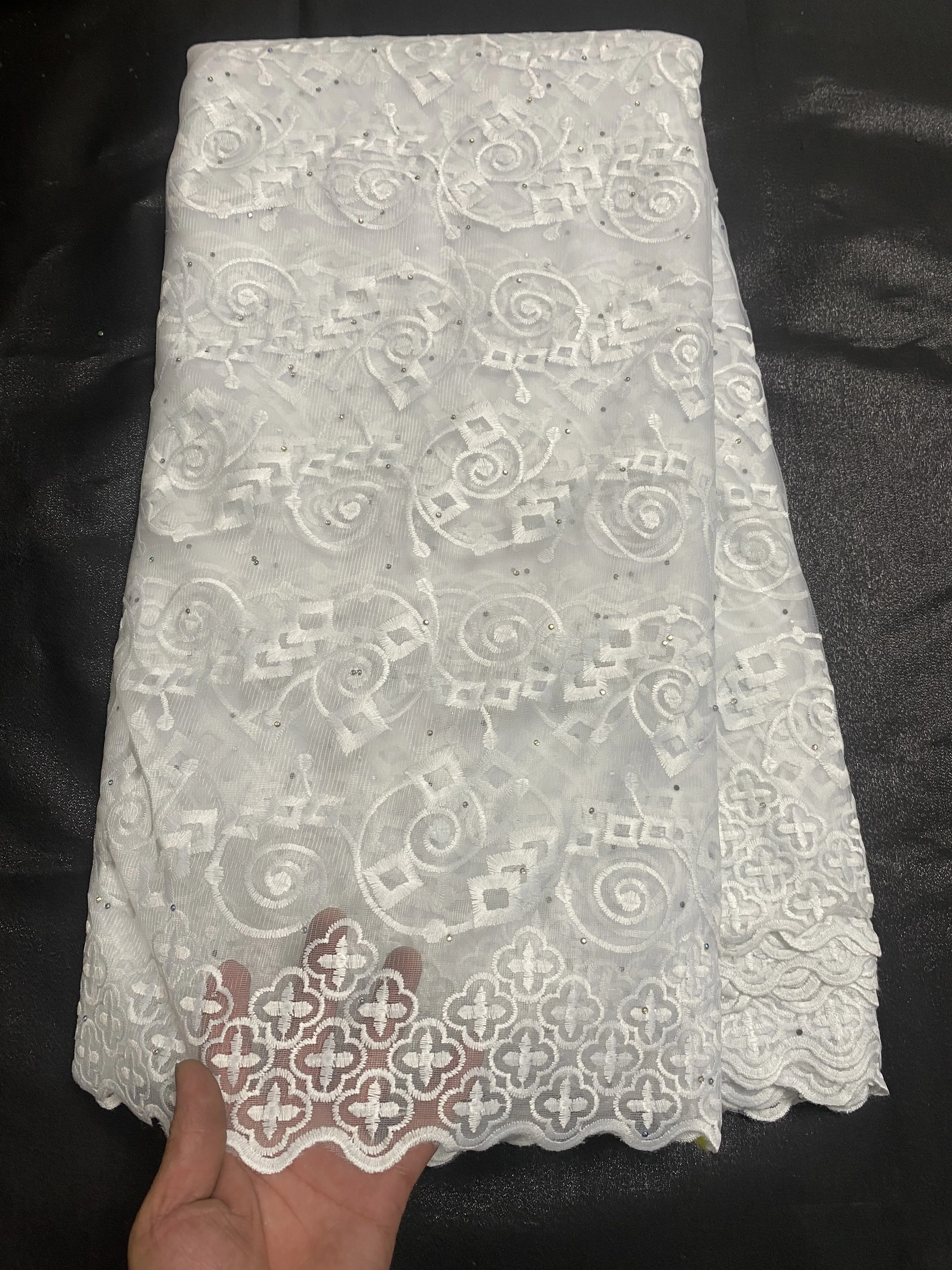 White lace French Lace Fabric with Stones African Tulle Lace Embroidery Tissu for Women Dress 5 Yards