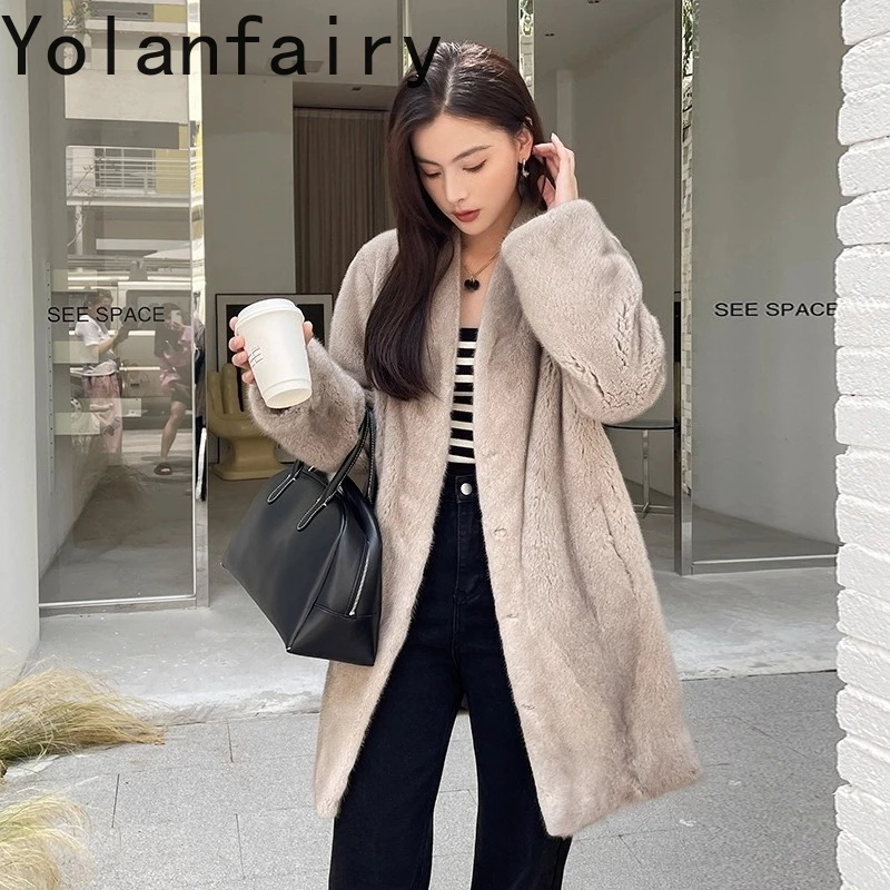YOLANFAIRY ماركة كاملة سترات من فرو المنك للنساء الخريف الشتاء الفاخرة 2025 معطف الفرو الطبيعي امرأة منتصف طول معاطف الفرو Casaco