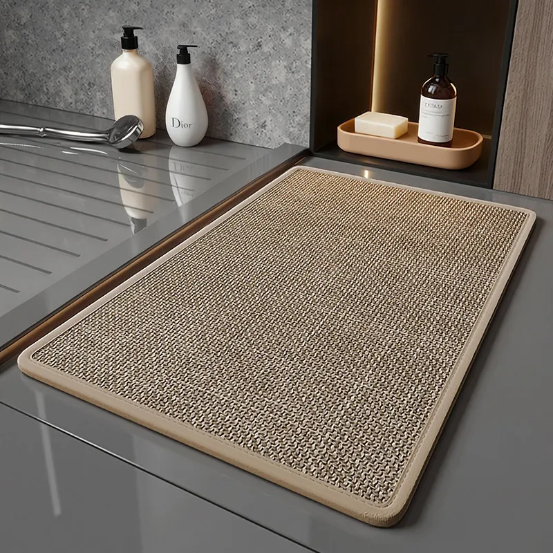 Linen Texture Bathroom Mat Non‑Slip Quick Dry Absorbent Floor Mat For Shower Room