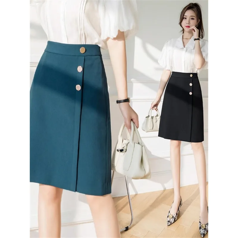 Festa casual da donna in tinta unita nera Una linea da donna a vita alta femminile elegante abiti chic Harajuku Nozioni di base gonna nera con bottoni