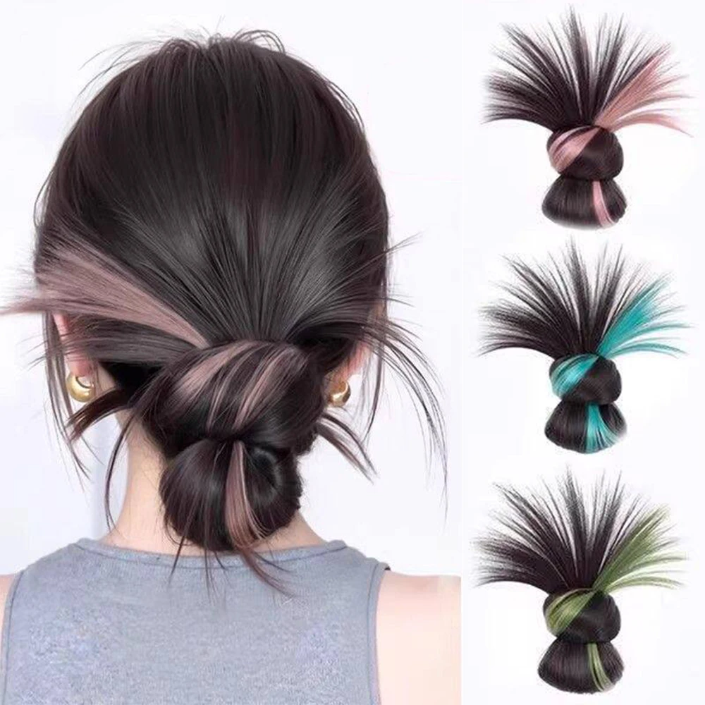 1pc Synthetic Messy Bun Claw Clip Hairpiece Streaked Dopamine Spiky Ponytail Extension Fake Hair for Women Daily Party Cosplay