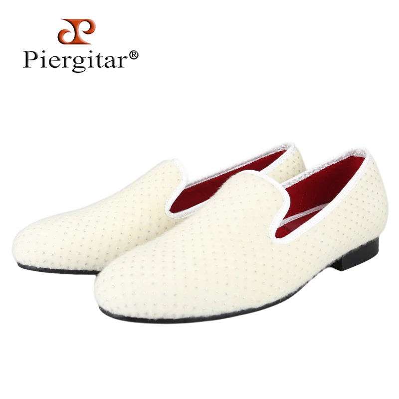 Piergitar Ivory White Color Slip-On Loafers With Handmade Small Sequins For Party And Wedding Wear Classic Model Men's Slippers