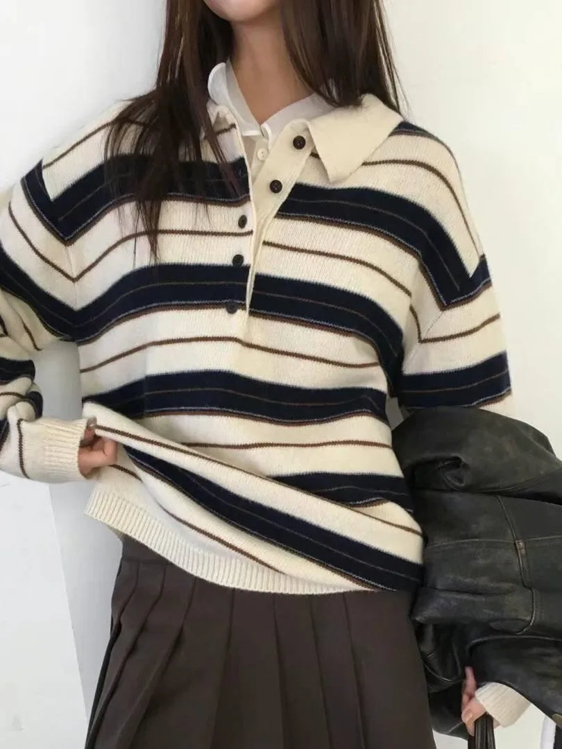 

Faionable Thiened Striped Knitwear Women's Loose Top Autumn New Sle Casual Knitted Sweater Chic Lazy Sle Upperwear