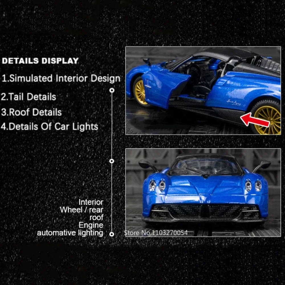 1:32 PAGANI Huayra Car Alloy Toys Diecast Model Supercar Doors Opened Sound Light Pull Back Pojazdy Zabawki dla dzieci Kolekcje