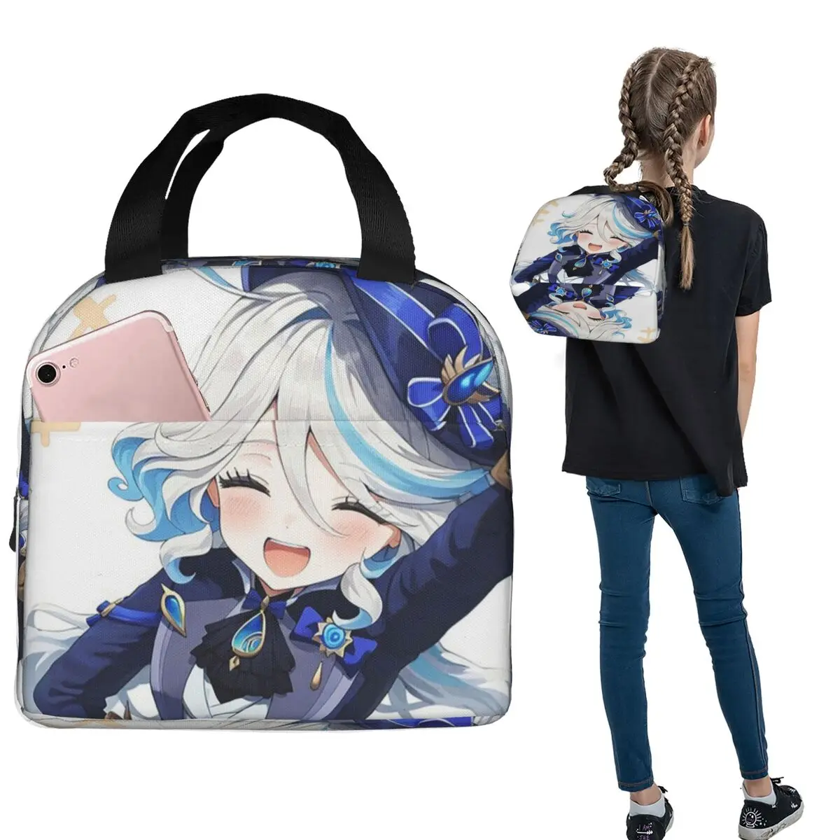 Furina Genshin Impact Insulated Lunch Bag for Women Kids Portable Food Boxes Thermal Lunch Box Tote