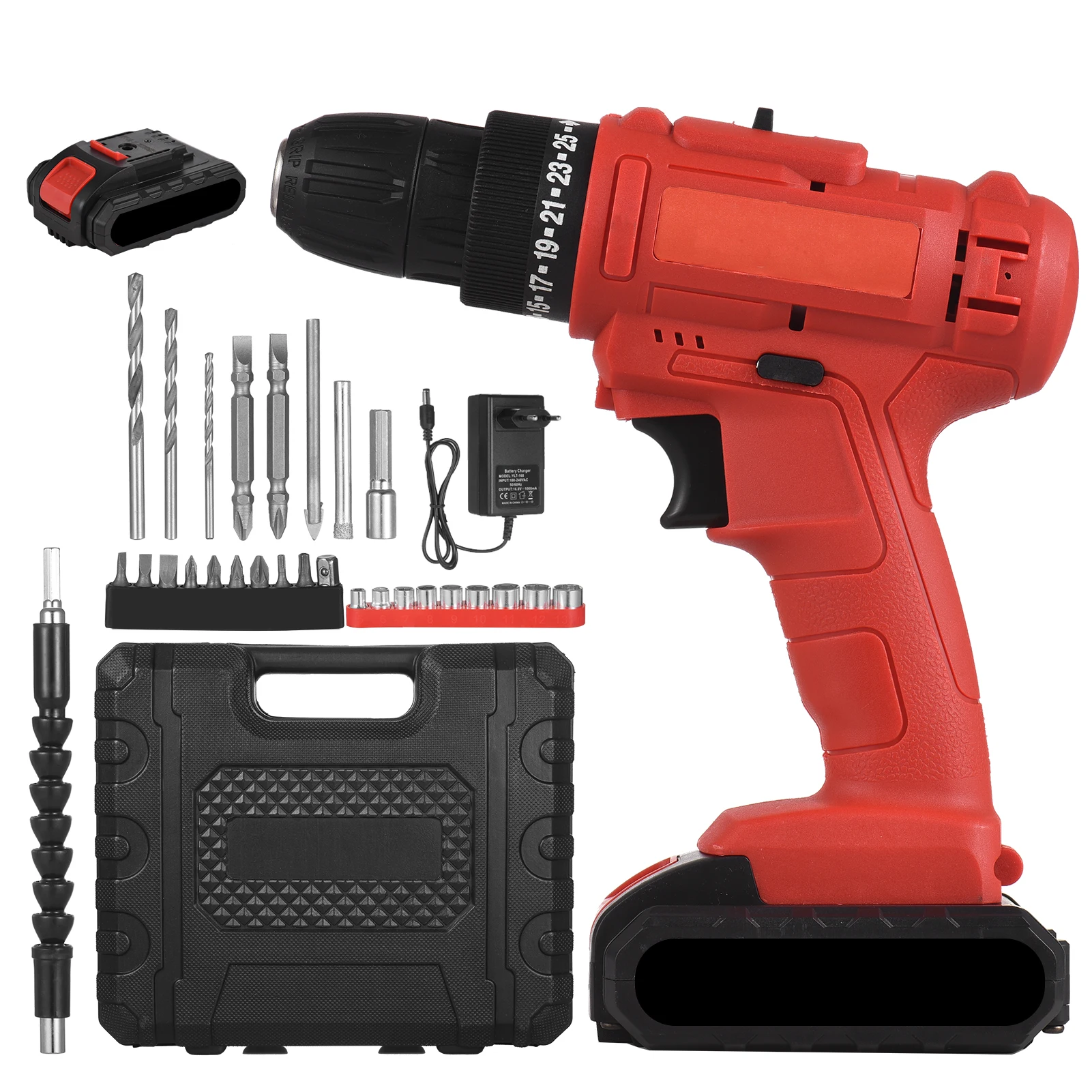 21V Cordless Electric Drill 3/8 Inch Chuck Power Drill Screwdriver 1.5Ah Battery Bits Sleeves Extension Shaft LED Work Light