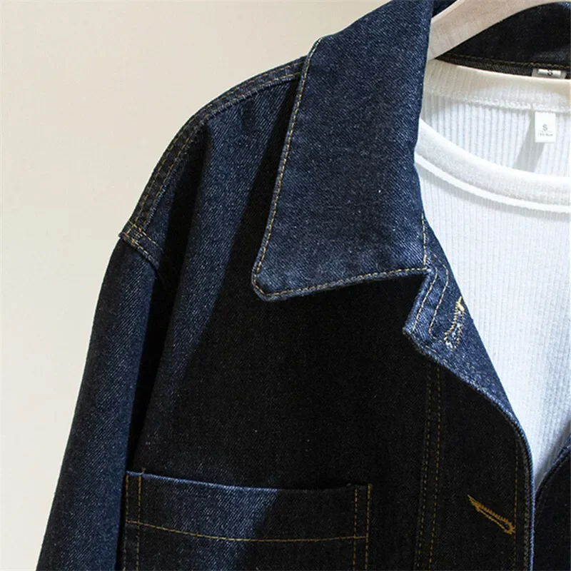 

Vintage Dark Blue Big Pocket Denim Jacket Women Loose Short Cowboy Outerwear Chaquetas Mujer Spring Autumn Jeans Jacket Female