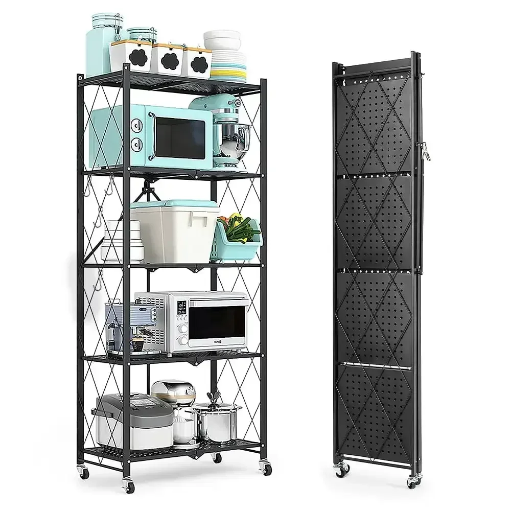 

5-Tier Storage Shelving Unit, Metal Shelf 27.9"x13.4"x62.5, Foldable Storage Shelf with Wheels, Garage Shelf, Metal Storage Rack