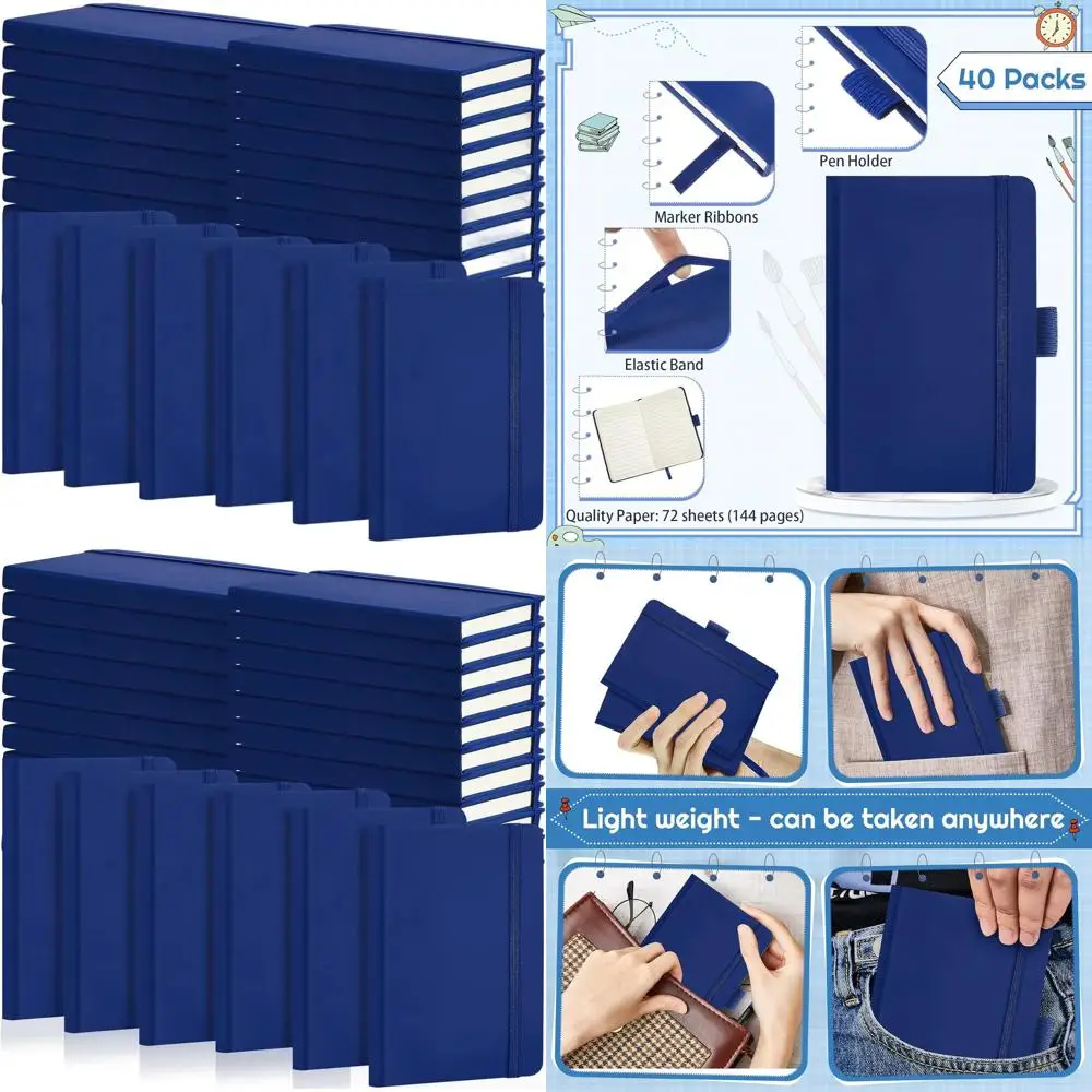 

Мини-блокноты из кожи формата А6, 3,5 x 5,5 дюйма, в линейку или в клетку, с эластичной резинкой и ленточным маркером, идеально подходят для школы или офиса (синие)