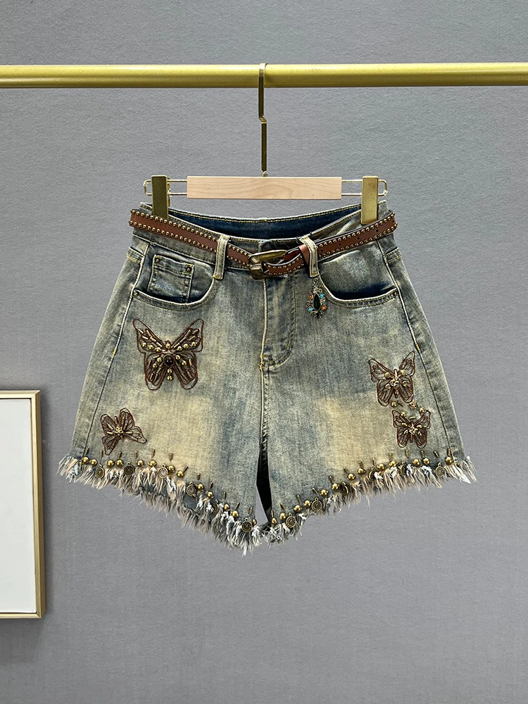 

Ретро джинсовые шорты с эффектом потертости, женские, модные, с высокой талией, свободные, стройнящие, с рваными краями, широкие брюки, летние, из хлопкового стрейч-денима