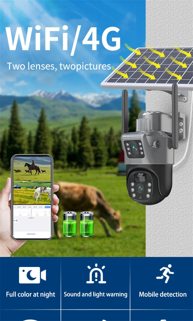 4MP 4G WIFI Solar Kamera Dual Objektiv Dual Screen Outdoor Wireless PTZ IP Kamera Mit Solar Panel Sicherheit Überwachung kamera – Detail 1