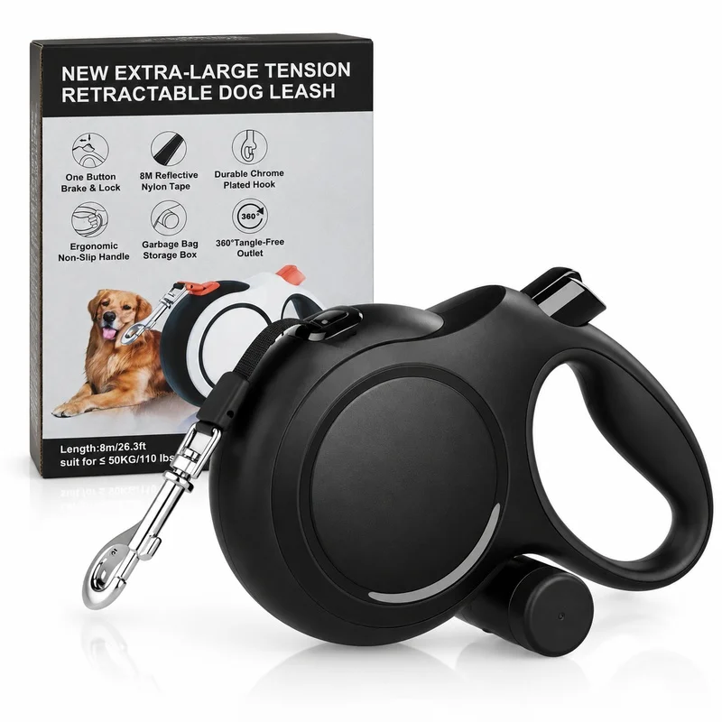8M Retractable Dog Leash with Anti-Chew Steel Cable, Heavy Duty Lead for Large Dogs Up to 50kg, Long Outdoor Walks