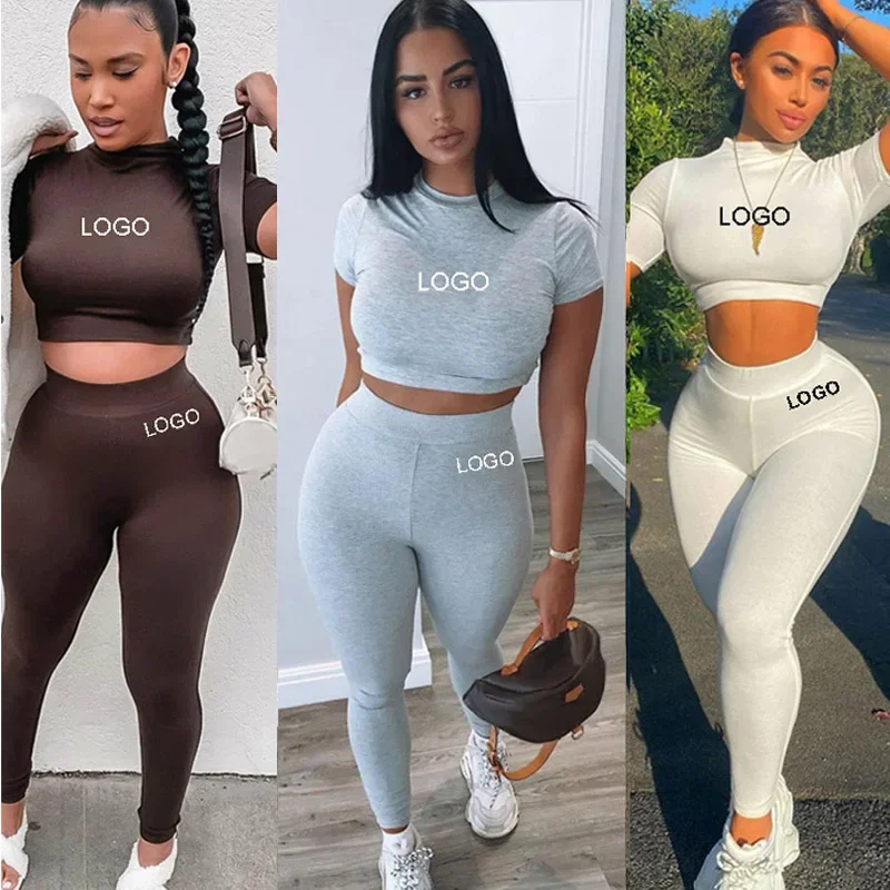 Custom Women Clothing ladies suit Two Piece Fitted Pants and crop Set Short Sleeve Skinny Crop Top Jogger Sweatpants Set Women