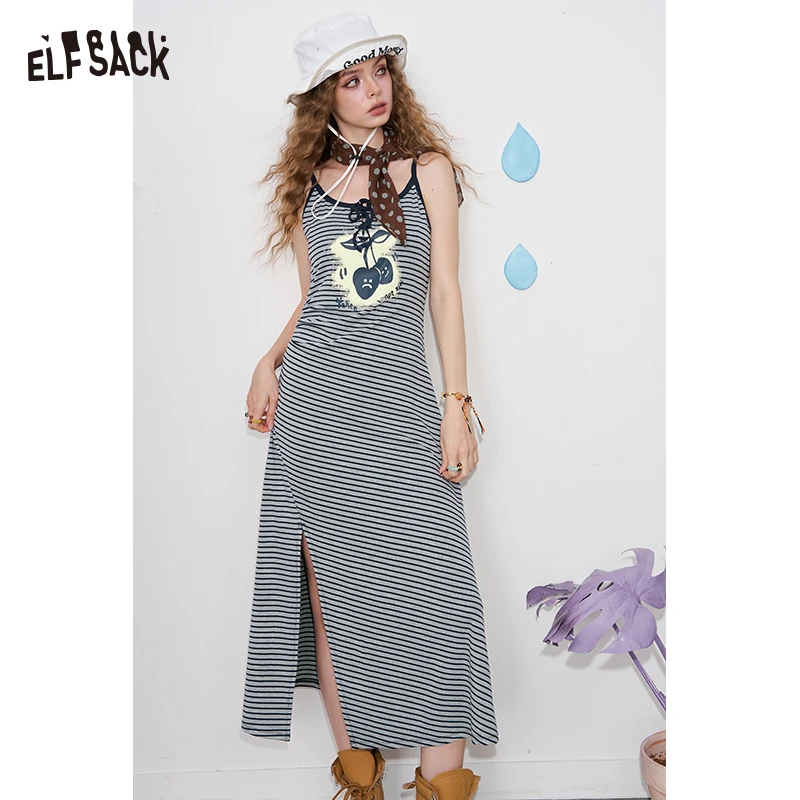 ELFSACK 2025 صيف جديد وصول عادية مطبوعة فستان الرسن تي شيرت فستان الجانب سبليت قرصة الخصر تنورة طويلة للمرأة