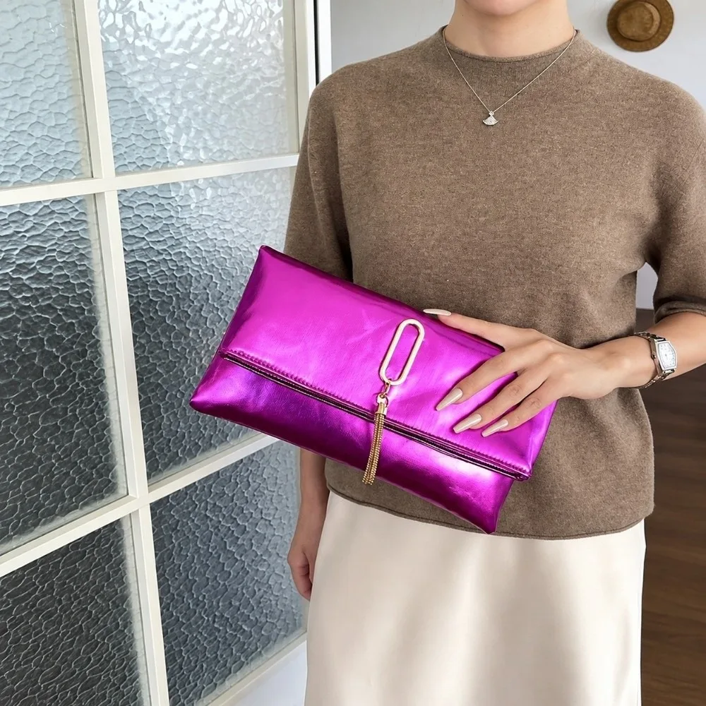 Metallic Faux Leather Women Clutch Bag Tassel Decoration Fold‑over Style Evening Handbag Multi Color Option Rectangular Shape