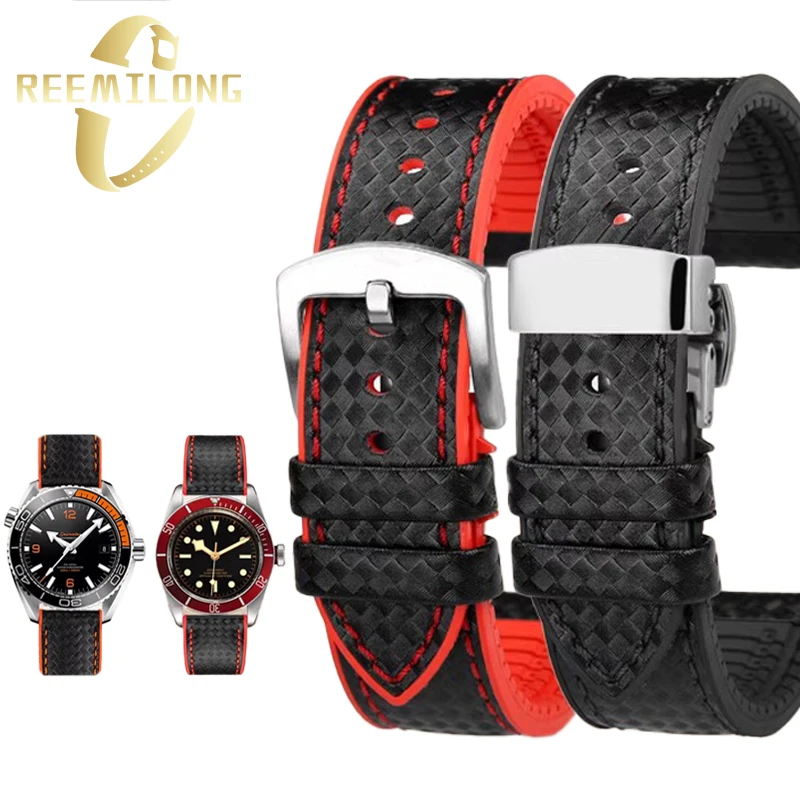 Carbon fiber silicone bottom strap 20 22 24mm Black red line Orange line Blue line White line watchband for Omega Seamaster 300