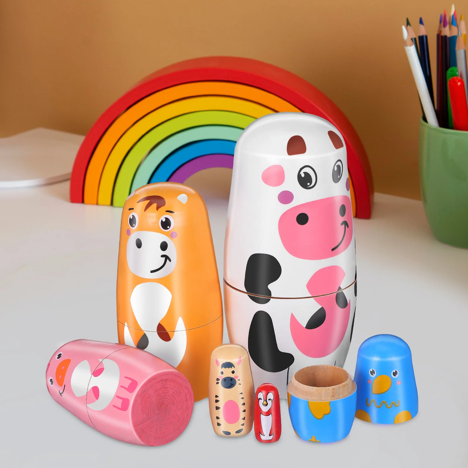 1 Set Of Animal Pattern Wooden Nesting Russian Style Kids Brain Development Stacking Game Table Decor Wooden Birthday Gifts