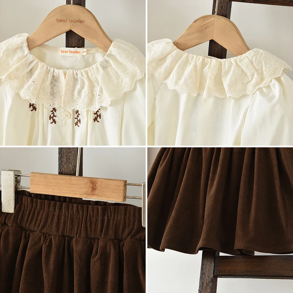 Bear Leader Modische Süße Herbstkleidung für Mädchen im College-Stil, 2-teiliges Set: Beige Langarm-Hemd mit Stickerei + Brauner Kurzer Rock – Detail 10