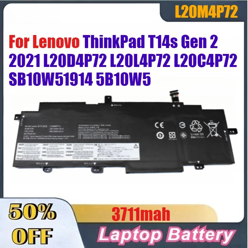 3711mAh L20M4P72 High-Quality Laptop Battery for Lenovo ThinkPad T14s Gen 2 2021 L20D4P72 L20L4P72 L20C4P72 SB10W51914 5B10W5