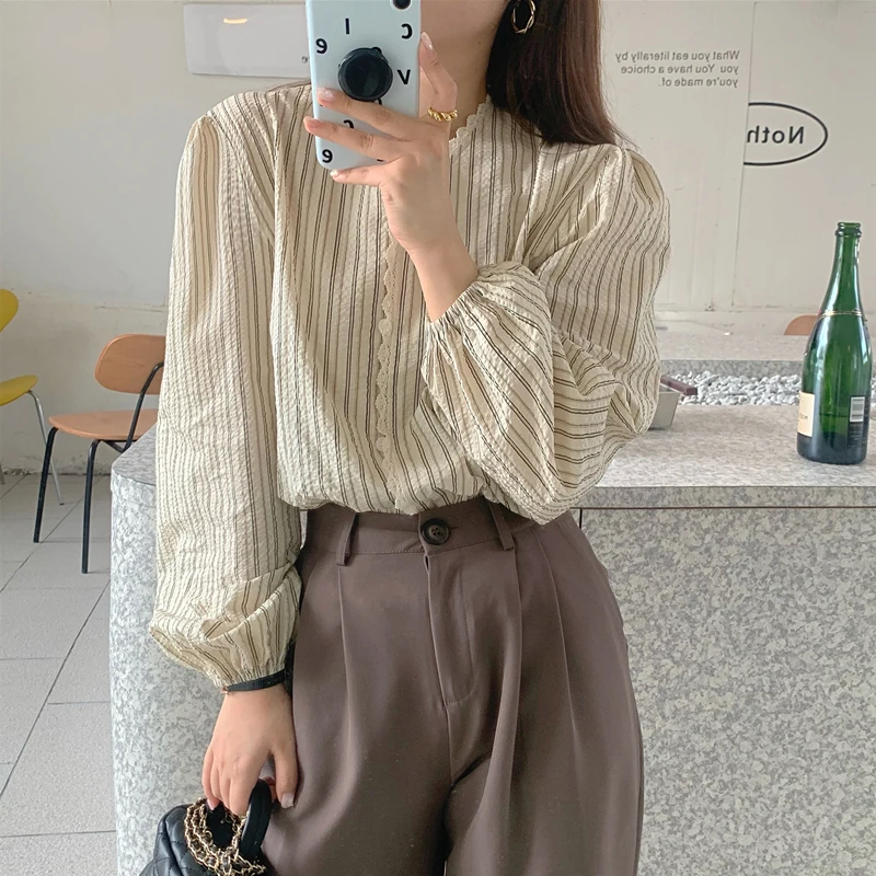 Женская ретро корейская Sle irt V-Ne Slim Fit в полоску с рюшами Sve Long Sve Свободная весенне-осенняя блузка Bubble Sve