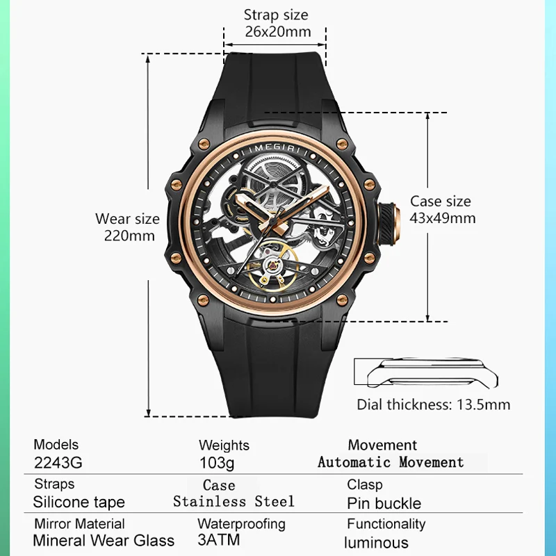 MEGIR 2243 Octagonal Skeleton Auto Watch Men Luminous Dial Stainless Steel Silicone Strap Pin Buckle Luxury Hollow Male Gift image 5