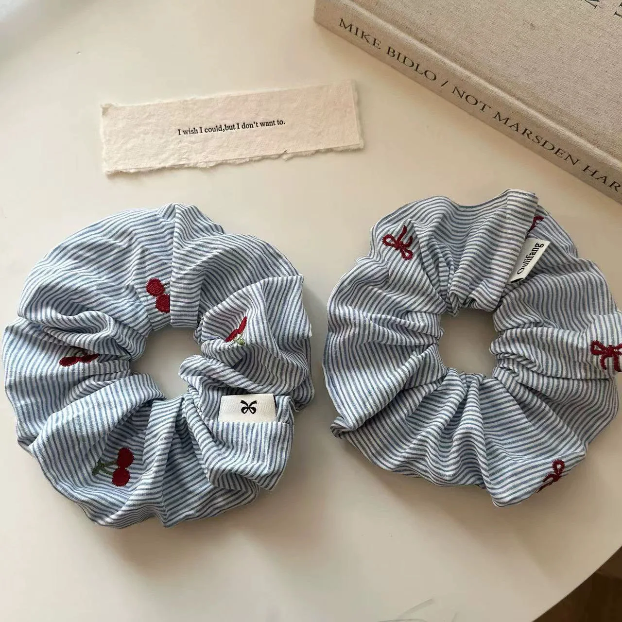 New embroidered cherry blue striped large scrunchie, Korean sweet and cute girly hair accessory.