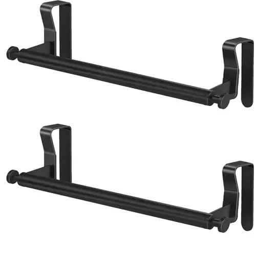

Black Over-The-Cabinet Stainless Steel Towel Bar With Dual Hooks, 2-Pack For Kitchen Door Organization