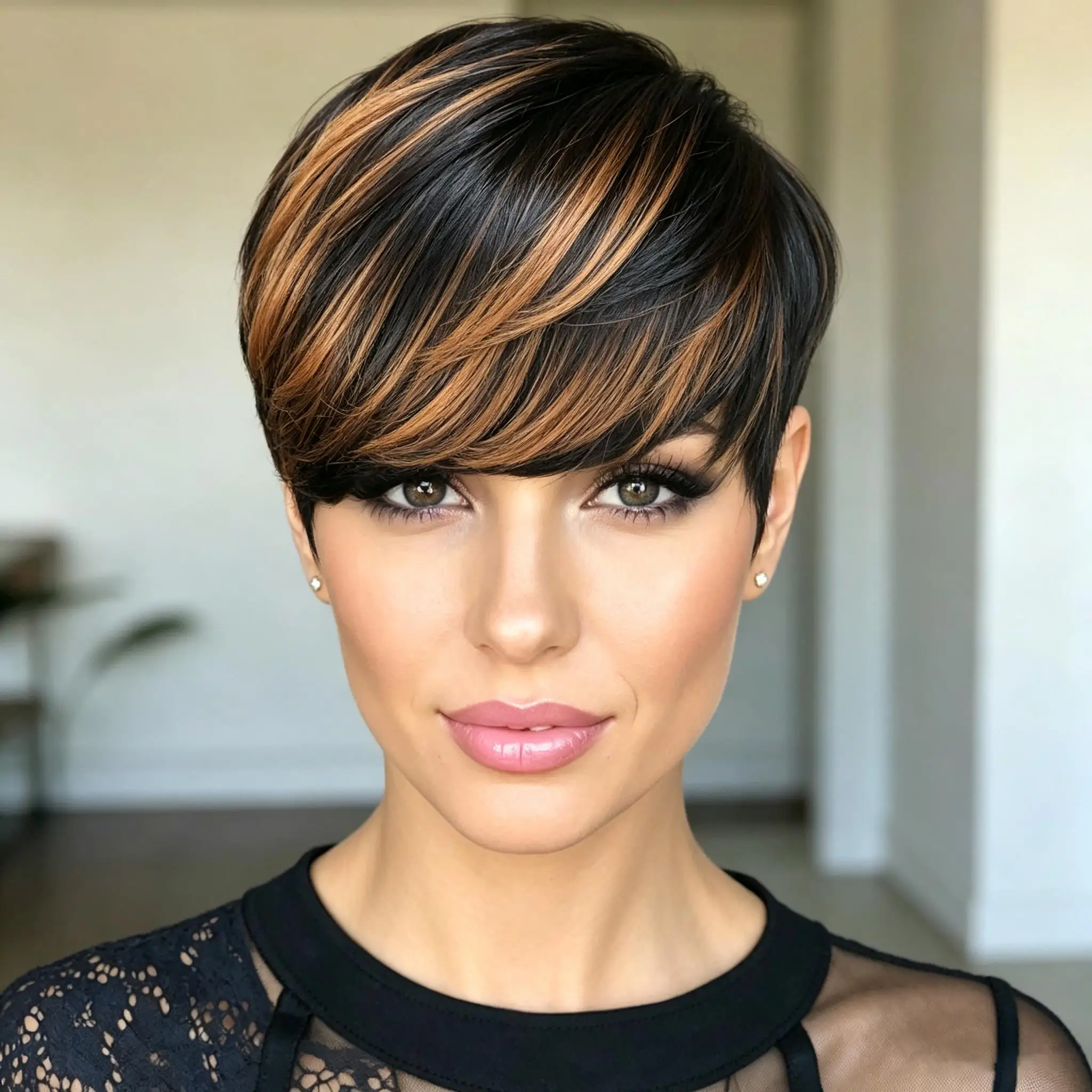 Pixie Cut Human Hair Wig Full Machine Made Black With Copper Highlights Short Layered Wigs Natural Looking For Women Halloween
