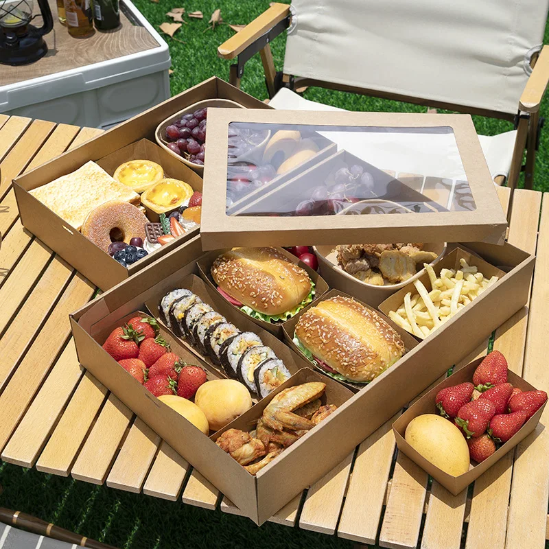 Customized Disposable Picnic Box Outdoor Camping Kraft Paper Packing Box Fruit Dessert Bento Spring Outing Popular Fruit Box