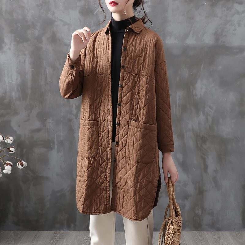 Artistic Casual Versatile Mid-Length Cotton Shirt Jacket Loose Large Size Thick Warm Diamond Pattern Cotton Clothes