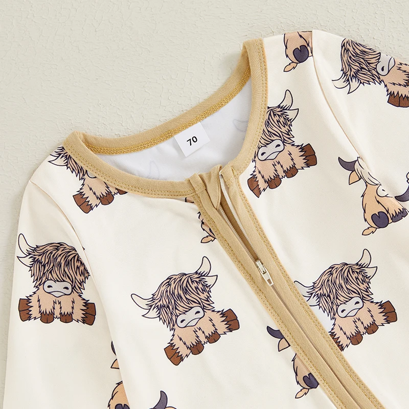 2024-06-01 Lioraitiin 0-18M Autumn Baby Boys Girls Western Footed Jumpsuit Long Sleeve Crew Neck Cow Print Zipper Romper