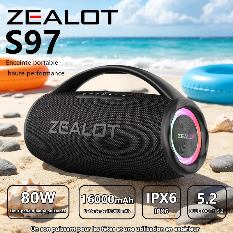 Zealot-S97 80W Bluetooth-Lautsprecher, Leistungsstarker Kabelloser Lautsprecher mit Tragegriff, Farbenfrohe RGB-Beleuchtung, Geeignet für Strandpartys, Camping und Geburtstagsfeiern