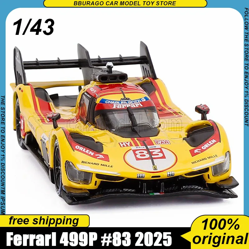En Stock Bburago 1:43 Ferrari 499p # Modelo a Escala 83 2025 Réplica de Le Mans con Vitrina, Coche de Carreras Coleccionable, Juguete para Niño