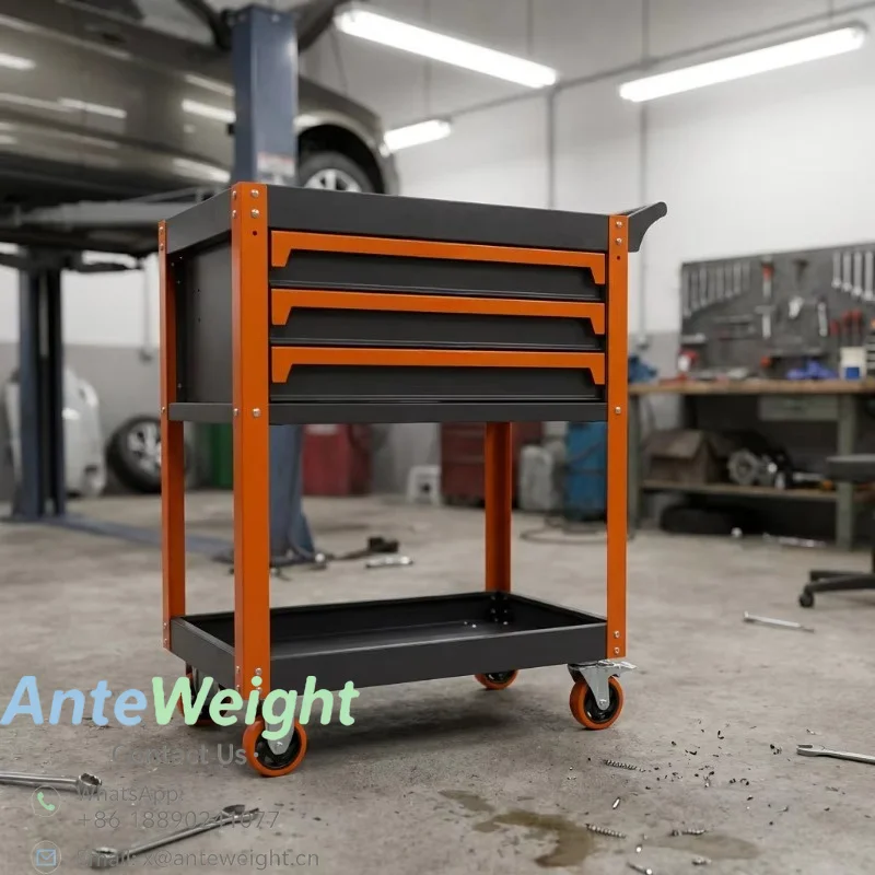3 Drawer Tool Cart Heavy Duty Mobile Rolling Trolley with Side Brake Wheels and Open Shelves for Garage Workshop