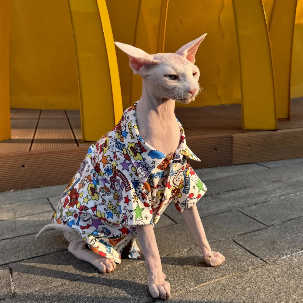 Cotton Cartoon Shirt for Sphynx Cat Summer Fashion Blouse For Kittens Street photography Catwalk Over Size Coat for Devon Rex