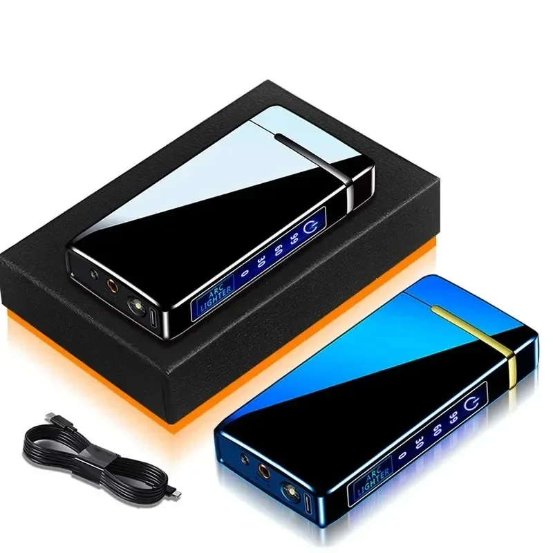 New Metal Windproof Dual Arc USB Lighter Rechargeable Butane Gas Electric Lighter LED Screen Display Lighter Portable Men‘s Gift