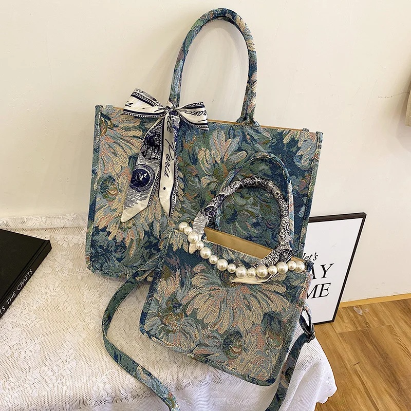 

Новинка 2024 года, сумка-тоут с картиной маслом в саду Моне, большая вместительная модная сумка с принтом, холст, повседневная сумка на плечо в британском стиле