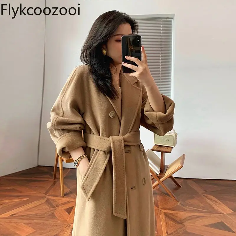 2024 Popular Autumn and Winter Long Double-sided Woolen Coat Female High-grade Foreign Popular Tweed Winter Jacket Women