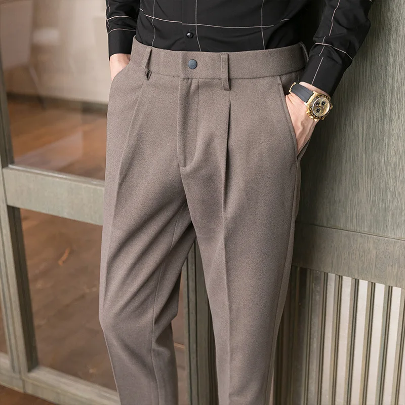 

Woolen Pleated Suit Pant Formal DressTrousers For Men Total Freedom Relaxed Classic Fit Single Black Brown Men Pants