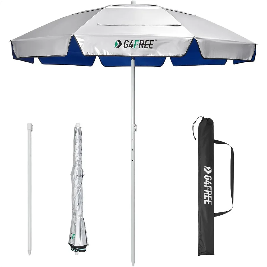

G4Free Сверхмощный пляжный зонт для песка UPF 50+ с защитой от ультрафиолета, солнцезащитный козырек, двойной навес с вентиляционным отверстием и кнопкой наклона 6.
